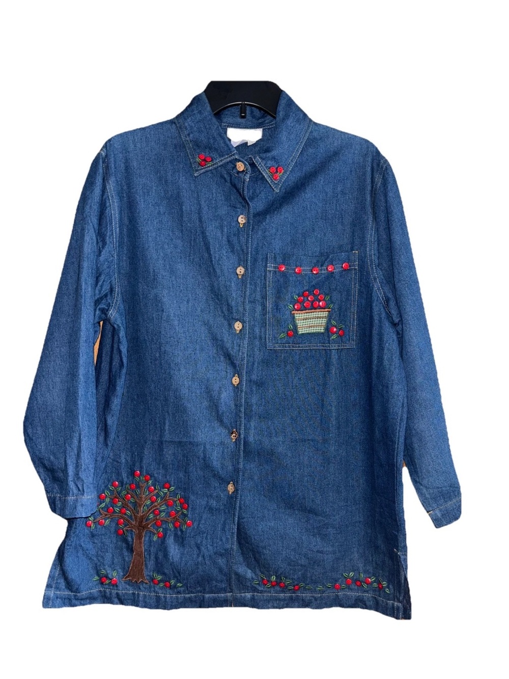 Casey Coleman Large VNTG Denim Embroidered Button Cotton Shirt Apples Teacher
